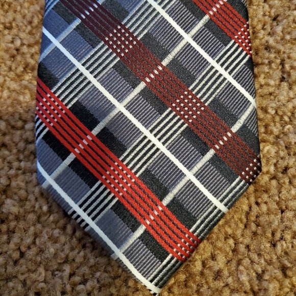Pronto Uomo 100% Silk Tie Mens Necktie Red Blue White Diagonal Stripe - Picture 1 of 3